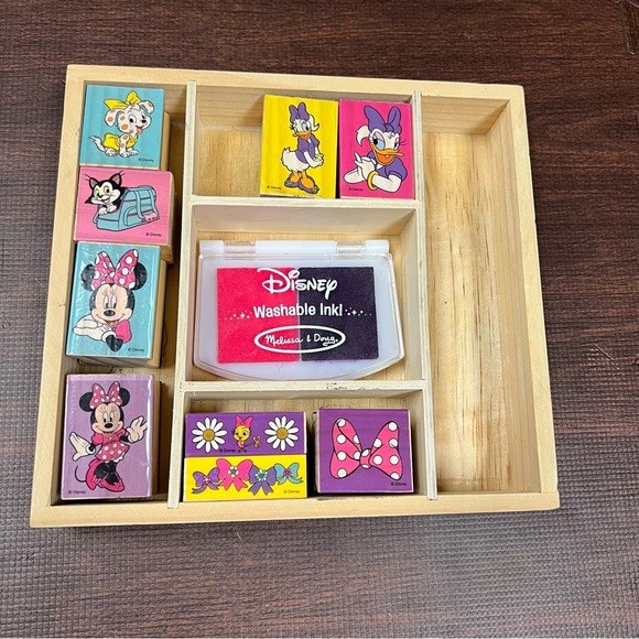 Melissa & Doug Disney Wooden Stamp Set Lot 10 w/ Box & Ink Pad - Picture 1 of 9